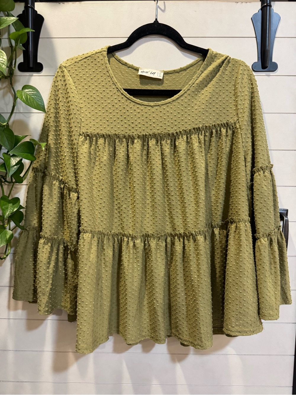 Relaxed Olive Swiss-Dot Ruffle Peasant Top